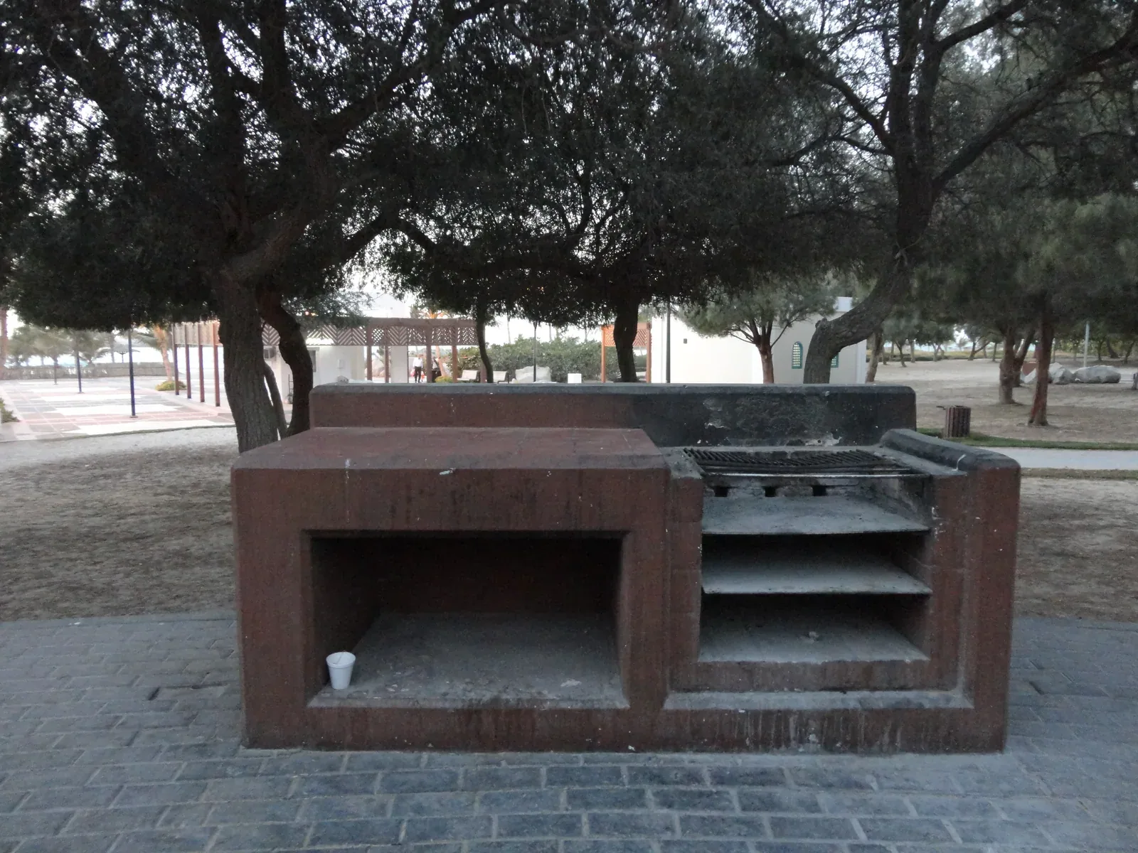A fixed barbecue beneath trees at Al Mamzar Beach Park
