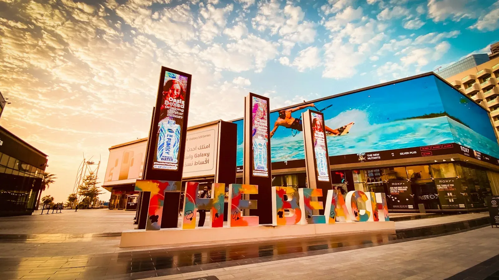 The colourful The Beach sign outside the waterfront retail complex at JBR